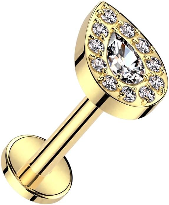 Pierced Owl 16GA ASTM F-136 Implant Grade Titanium Internally Threaded CZ Crystal Teardrop Flat Back Stud