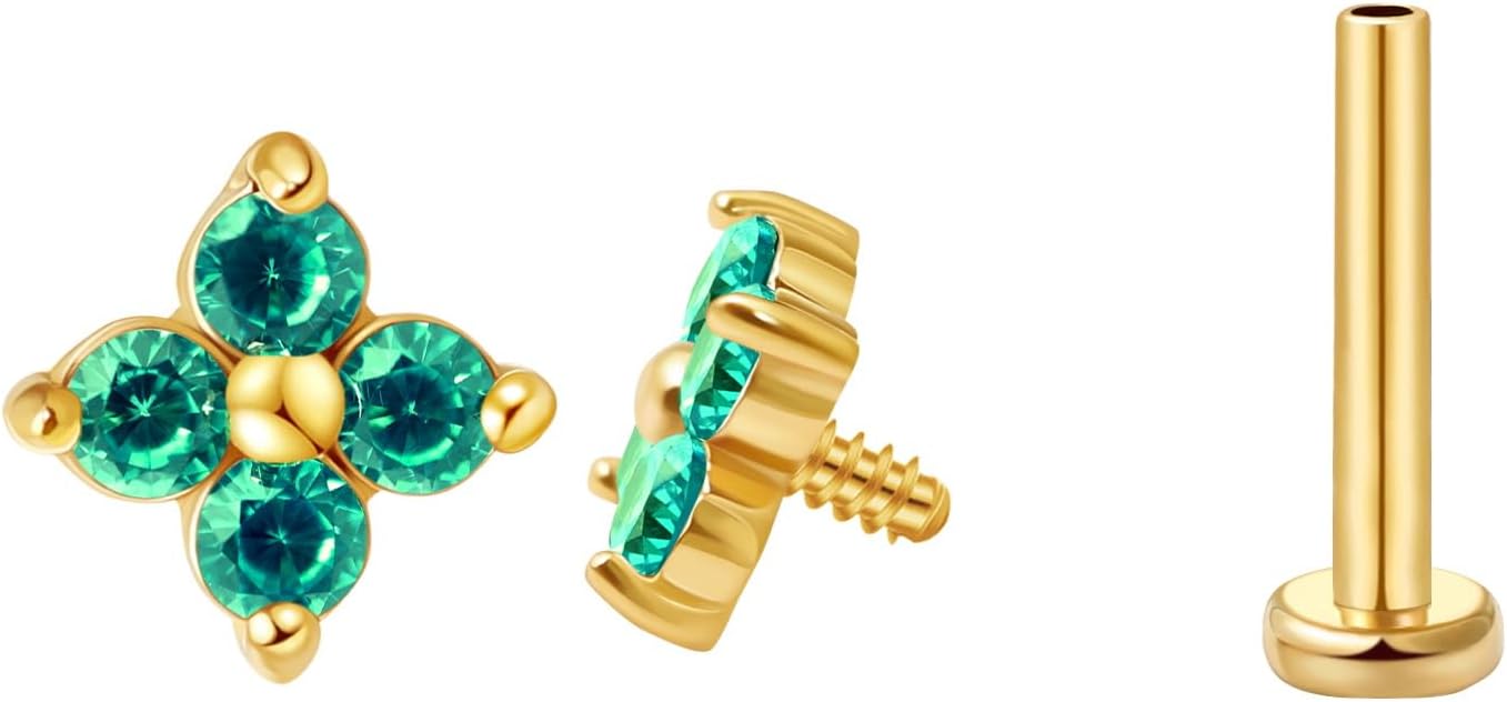 FANSING CZ Flower Internally Threaded Flat Back Earring Labret Stud for Cartilage Tragus Helix Conch