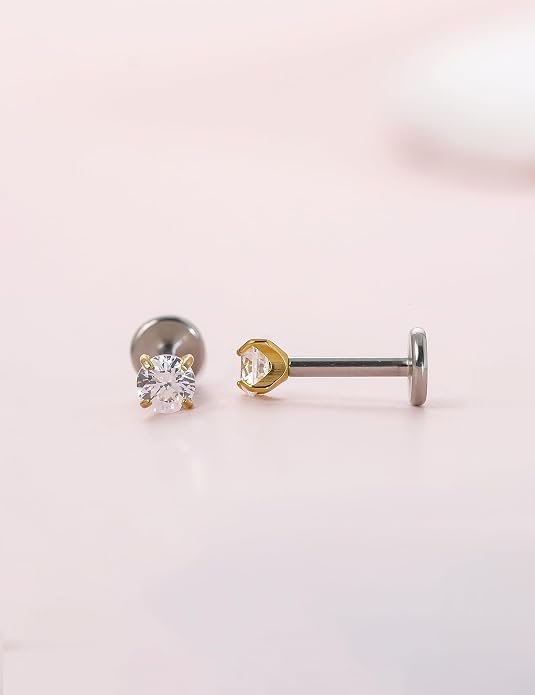 Limerencia 2Pcs 18g Titanium Internally Threaded Tragus Piercing Jewelry Nose Studs Flat Back Earrings Labret, Lip, Helix, Cartilage, Conch, Medusa Piercing for Women Men Sensitive Ears