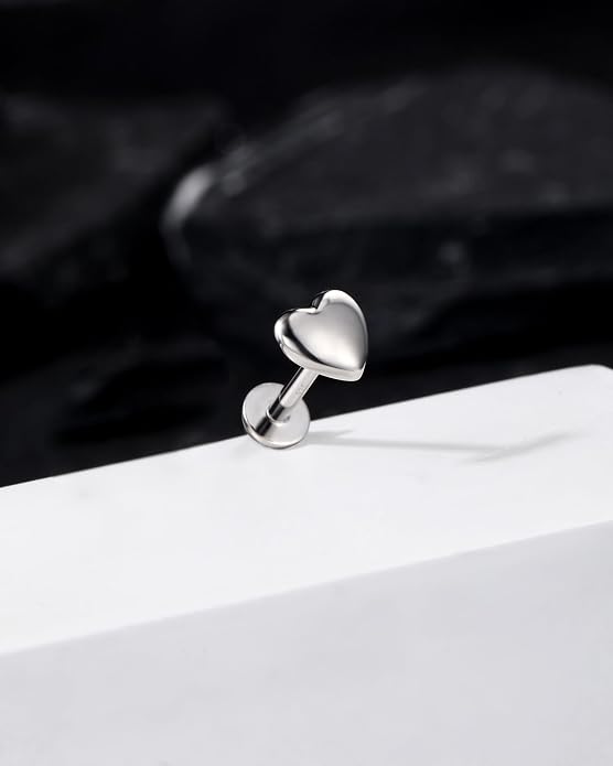Jewseen 16G Internally Threaded Helix Piercing Jewelry Heart Flat Back Cartilage Stud 925 Sterling Silver Tragus Helix Earrings Heart Nose Lip Piercing Jewelry for Women Men