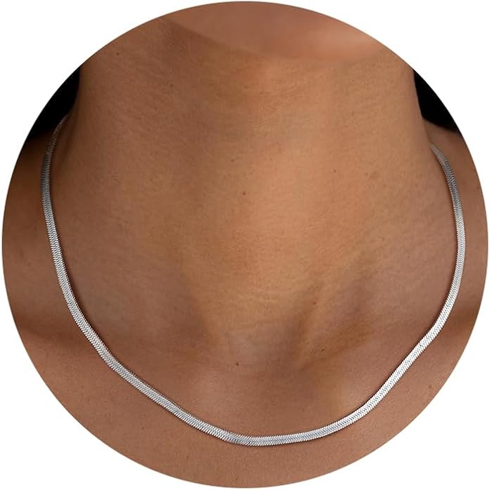 FindChic Black/14K Gold Plated Herringbone Choker Chain Necklace for Women | Waterproof Stainless Steel, Dainty Layering, Flat Snake Chain, Non-Tarnish, Hypoallergenic, Adjustable Extender, Gift Box