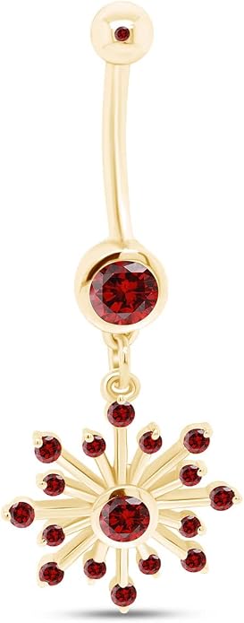 AFFY Snowflake Belly Button Ring for Women Simulated Birthstone, Round Cut Gemstone in 14K Gold Over 925 Sterling Silver, Navel Barbell Piercing Jewelry for Her