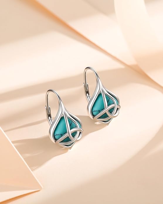 BDL Genuine Turquoise Jewelry for Women, Sterling Silver Earrings and Necklaces for Women, Leverback Dangle Drop Earrings Jewelry