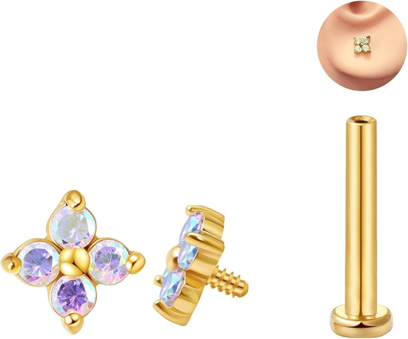 FANSING CZ Flower Internally Threaded Flat Back Earring Labret Stud for Cartilage Tragus Helix Conch