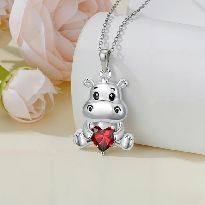 PROESS Animal Birthstone Necklace 925 Sterling Silver Otter/Axolotl/Hippo/Elephant/Dachshund/Monkey/Red Panda Pendant Necklace Animal Birthstone Jewelry Gifts for Women