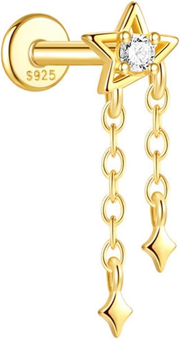 Solid 925 Sterling Silver Helix Earring with Dangle Chain 14K Gold Plated Flat Back Cartilage Stud Crescent Moon & Star CZ Internally Threaded Piercing Jewelry Ear Ring Gift