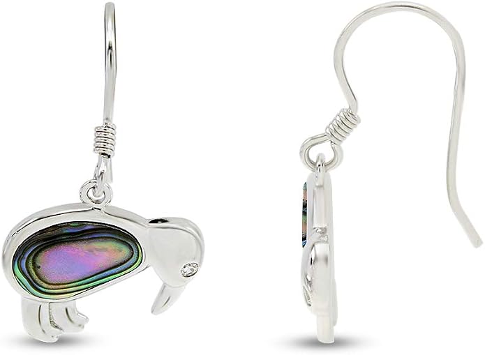 Abalone Shell Animal Dangle Earrings for Women (Kiwi Bird, Cat, Seahorse) in 14K White Gold Over 925 Sterling Silver, Iridescent Fishhook Drop Jewelry Gift