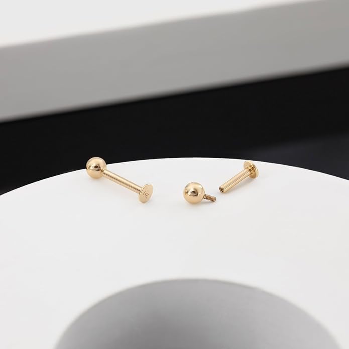 14k Yellow/White Gold Body Jewelry Earrings for Women Threaded Micro CZ Gem Top Tragus/Helix/Labret Stud 16G 6mm 8mm