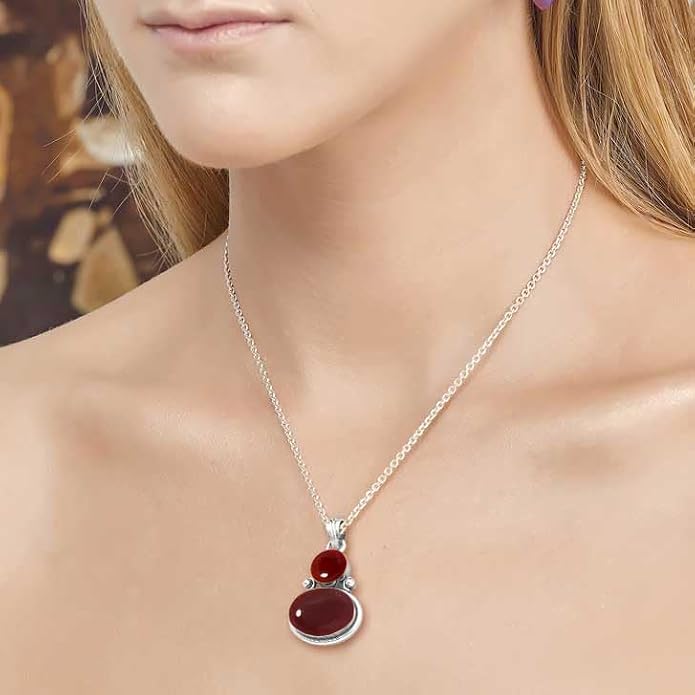 Handmade Genuine 925 Sterling Silver Pendant Necklace Natural Gemstone Crystal, Lapis, Onyx, Amber Oval Round Boho Jewelry For Women