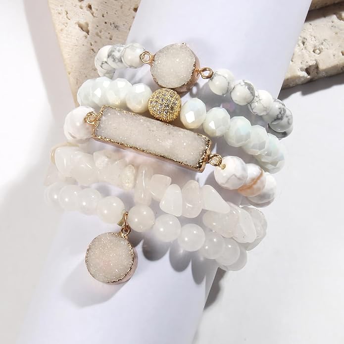 Yomisa 5PCS 6PCS Natural Boho Beaded Bracelets/Bangle for Women Men,Healing Turquoise Jasper Agate Crystal Gemstone Stone Chakra Multilayer Wrap Bohemian Handmade Jewelry Beads Stretch Bracelet Set