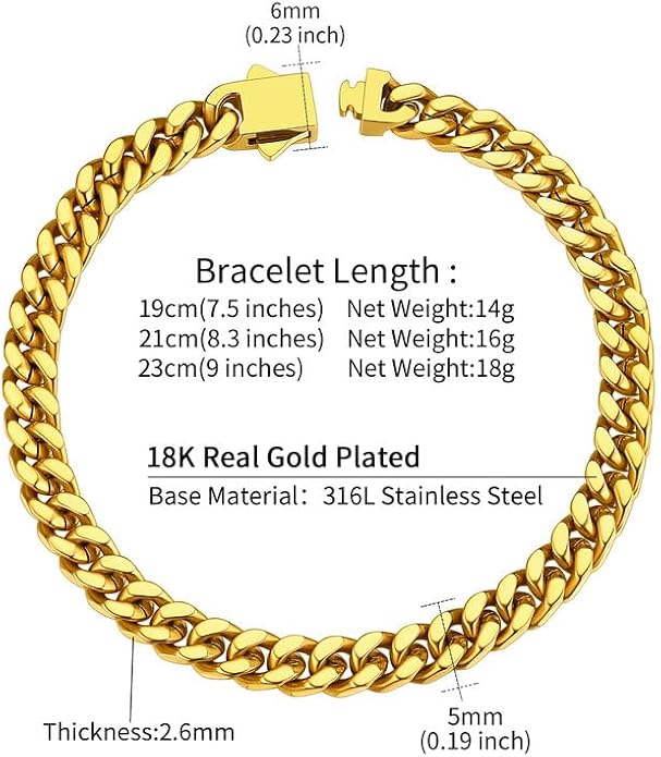 ChainsHouse Stainless Steel Cuban Link Bracelet for Men, 5mm/7mm/9mm/12mm Width, 7.5"/8.3"/9" Length, Black/18K Gold Plated Chain Wrist Bracelets for Men, with Gift Box
