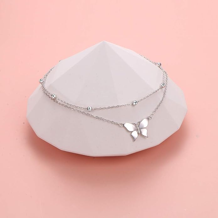 Flyow Anklet for Women S925 Sterling Silver Adjustable Foot Beaded Heart Charm Ankle Bracelet Anklets Jewelry