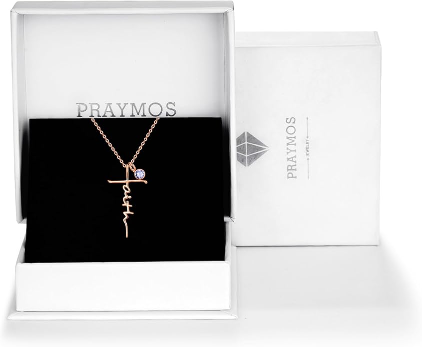 PRAYMOS Faith Cross Necklace for Women 925 Sterling Silver Pendant Necklace With Birthstone Initial Christian Religious Confirmation Baptism Mothers Day Gifts