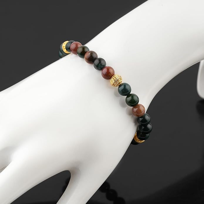 AAA Grade Natural Gemstone Beaded Bracelet, 14K Gold Plated with Evil Charm, Wicca & Reiki Healing Crystals, Handmade Bohemian Jewelry, Christmas Gift for Women (7+1inch)