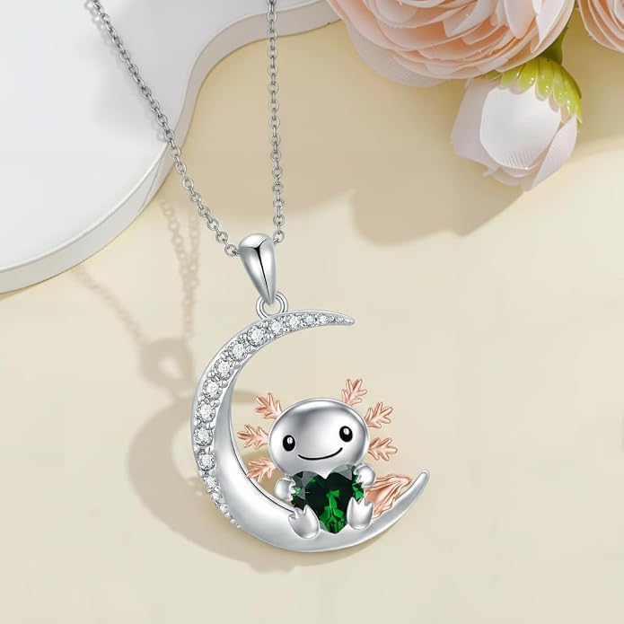 PROESS Animal Birthstone Necklace 925 Sterling Silver Otter/Axolotl/Hippo/Elephant/Dachshund/Monkey/Red Panda Pendant Necklace Animal Birthstone Jewelry Gifts for Women