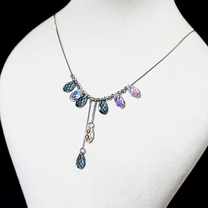 925 Sterling Silver Handmade Crystals Rain Drop Tassel layered Pendant Boho necklace statement Chandelier shape Lobster Clasp Length Choker 18"+2" Ideal Gift for Women Ladies Dress accessories.