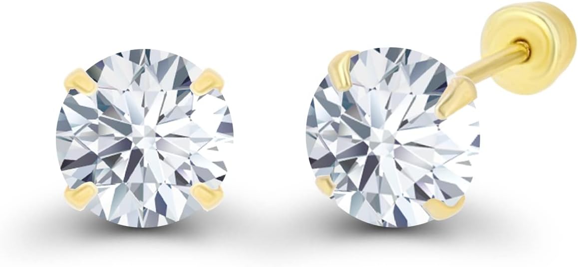 Solid 14k Yellow Gold Hypoallergenic AAA Cubic Zirconia Solitaire Screw Back Stud Earrings Secure Screw On Backs, 3mm-7mm