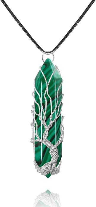 VIBILIA Healing Crystal Necklace Tree of Life Wire Wrapped Natural Stone Point Pendant Necklace Hexagonal Reiki Spiritual Quartz Gemstone Jewelry for Women Men