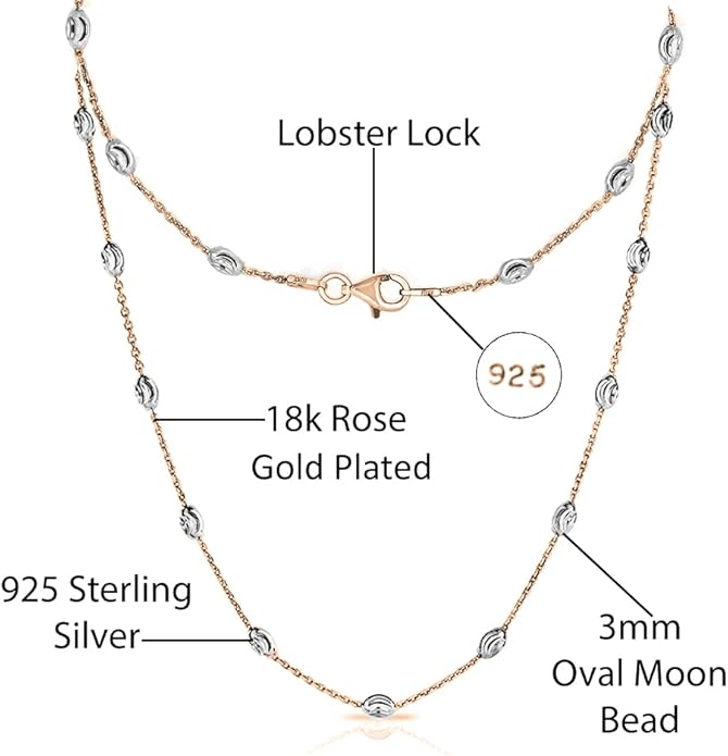 Savlano 18K Gold Plated Over 925 Sterling Silver Station Oval Moon Bead Necklace Chain For Women. Silver, Gold, Rose Gold - Made in Italy Comes With a Gift Box
