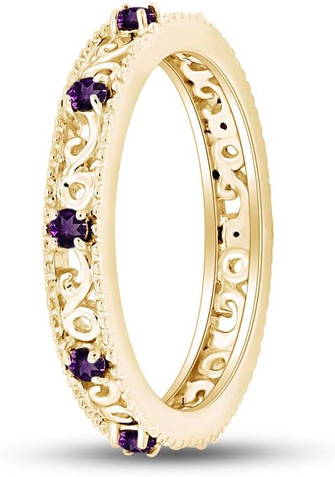 Jewel Zone US Filigree Eternity Wedding Band Ring for Women, Round Cut Simulated Gemstone Stackable Promise Ring in 14K Gold Plated 925 Sterling Silver Band Width 3.5mm – Elegant Jewelry for Her