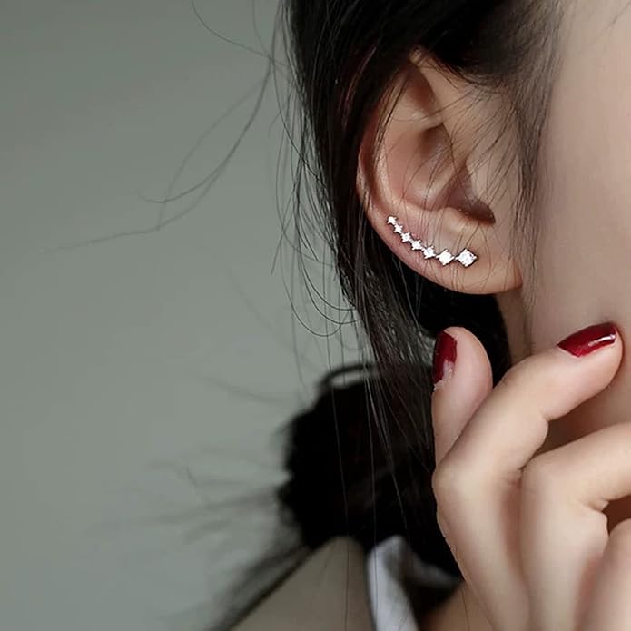 Reffeer Solid 925 Sterling Silver 7 Crystals Cuff Earrings Climber for Women Crawler Earrings Wraps