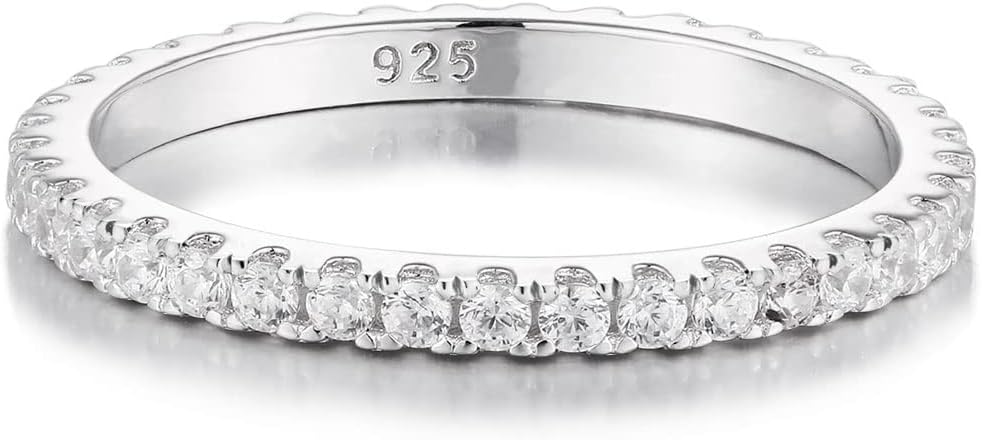 Bo.Dream 1.5mm/2.2mm/3mm Round Cubic Zirconia CZ Full/Half Eternity Rings Wedding Band Sterling Silver