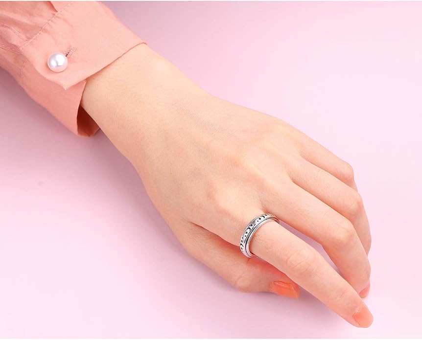 Alphm S925 Sterling Silver Spinner Fidget Anxiety Worry Relieving Boredom ADHD Autism Band Rings