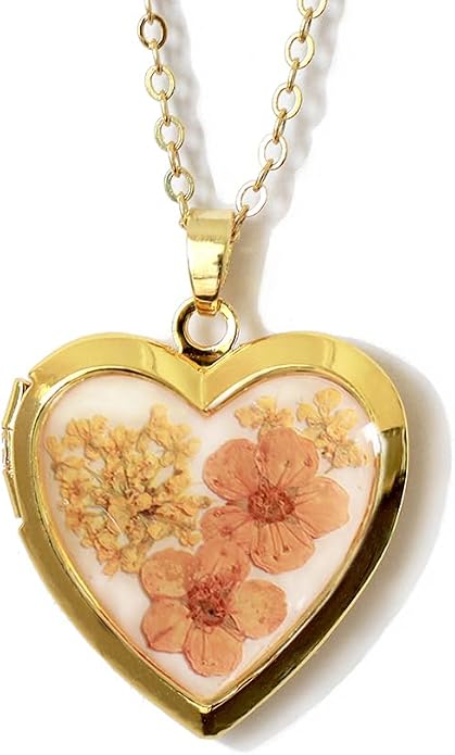 Handmade Heart Shaped Dried Pressed Forget Me Not Flower Photo Locket Pendant Necklace