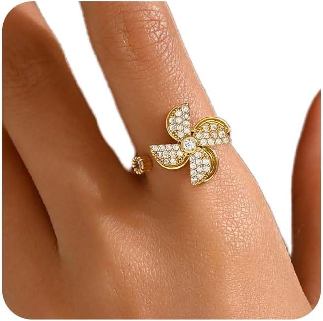 NONAMOIS Gold Rings for Women Evil Eye Flower Open Anti Anxiety Spinner Ring Adjustable Fidget Rings Jewelry Christmas Gifts