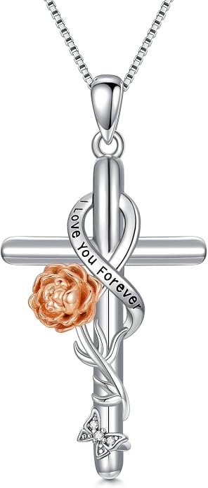 Cross Necklace for Women 925 Sterling Silver I Love You Necklace Religious Jewelry with Gift Box for Mother Daughter