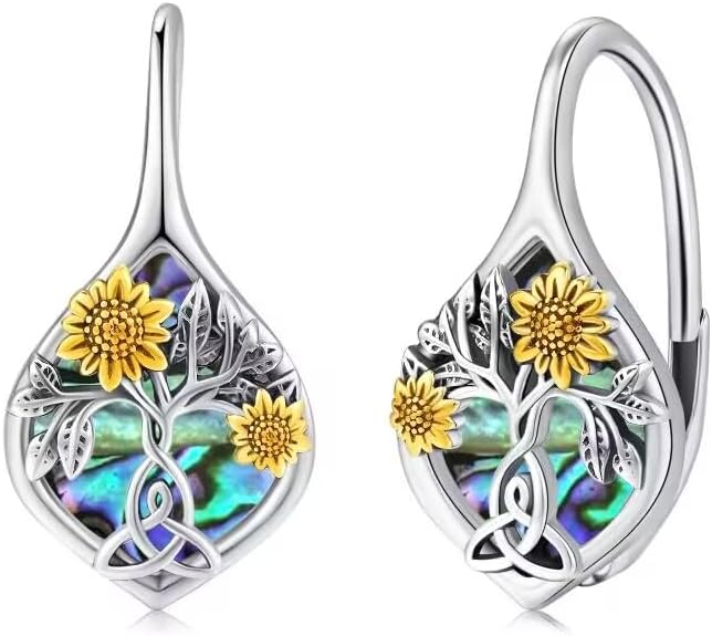 Sunflower Earrings 925 Sterling Silver Sunflower Abalone Shell Earrings Tree of Life Leverback Earrings Jewelry Gifts for Women