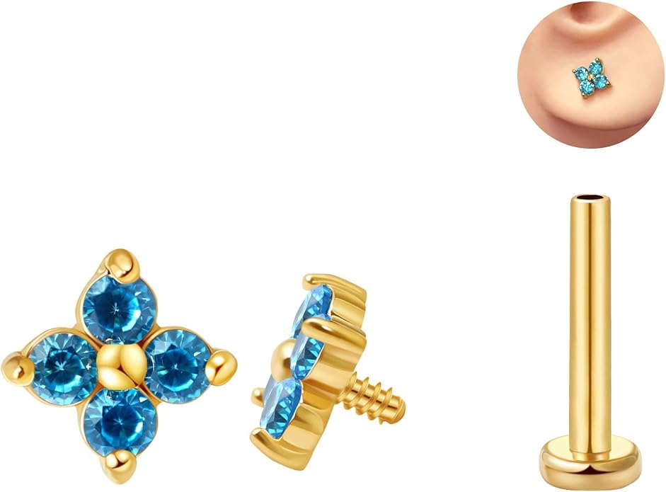 FANSING CZ Flower Internally Threaded Flat Back Earring Labret Stud for Cartilage Tragus Helix Conch