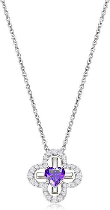 Four Leaf Clover Heart Birthstone Necklace, S925 Sterling Silver Clover Pendant, Dainty Lucky Charm Jewelry Birthday Gift for Her, 18"+2" Adjustable