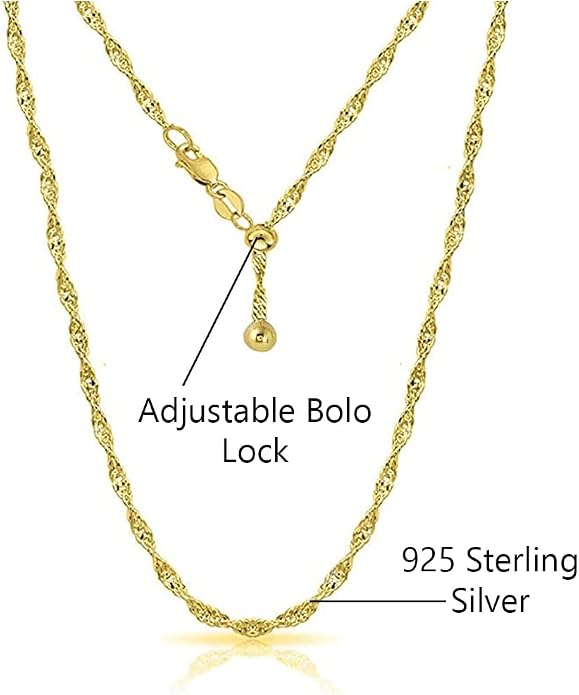Savlano 925 Sterling Silver Italian Solid 1.5MM Singapore Twist Adjustable Bolo 14-24 Inch Chain Necklace For Women - Made in Italy Comes With a Gift Box