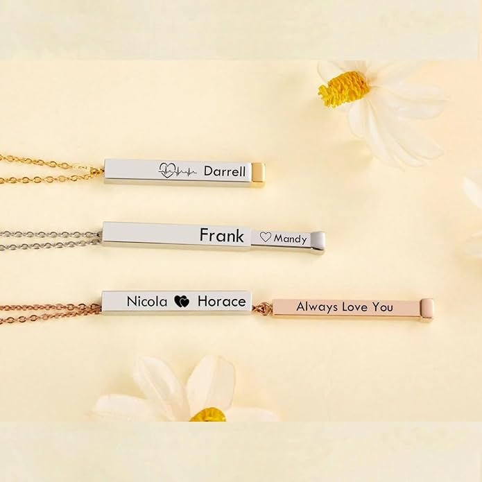 LUSSO Customized 925 Sterling Silver Engraved Bar Necklace For Women And Men, 14K Yellow Gold Or Rose Gold Custom Name Necklace Personalized Verticial Bar Necklace, Name Plate Necklaces
