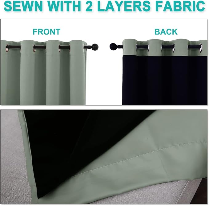 NICETOWN Greyish Green Blackout Curtains 84 inches Long, Full Light Blocking Drapes with Black Liner for Nursery, Noise Reducing Thermal Insulated Draperies for Doorway (2 Pieces, 37" Wide per Panel)