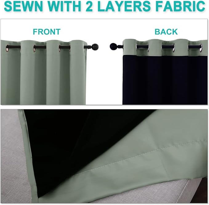 NICETOWN 100% Blackout Curtains 54 inches Long, Double-Deck Completely Blackout Window Treatment Thermal Insulated Lined Drapes for Small Window (Greyish Green, 1 Pair, 52 inches Width Each Panel)