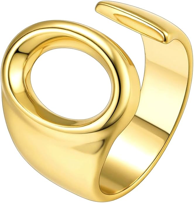 Suplight Nikel Free 18K Gold Plated Letter Rings, Fashion Monogram Jewelry Statement A-Z Wide Name Initial Alphabet Adjustable Open Ring for Women