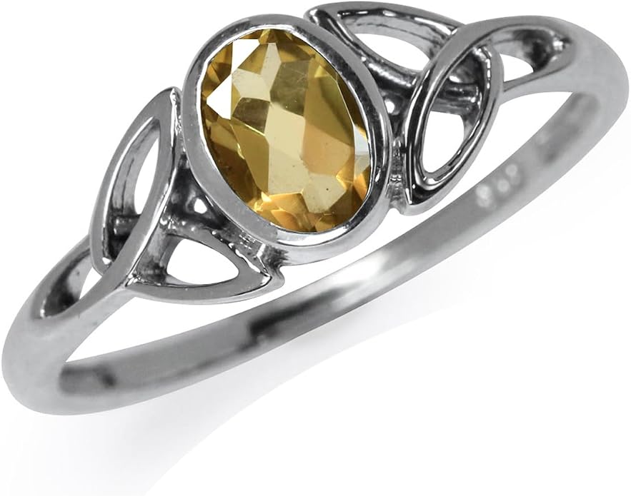 Silvershake 7x5MM Oval Shape Birthstone Gemstone White Gold Plated or 18K Yellow Gold Plated 925 Sterling Silver Triquetra Trinity Celtic Knot Solitaire Ring Jewelry for Women