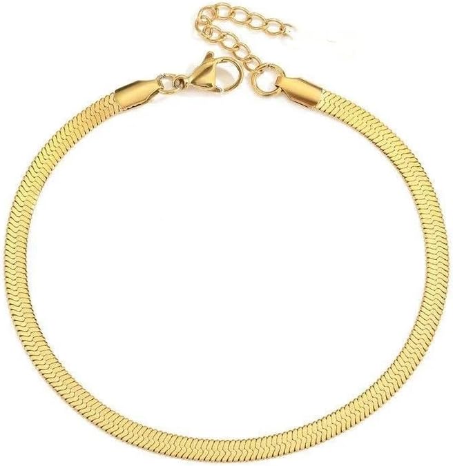 18K Yellow Gold Plated Stainless Steel Herringbone Snake Chain Anklet Flat Link Chain Women's Jewelry Waterproof Hypoallergenic