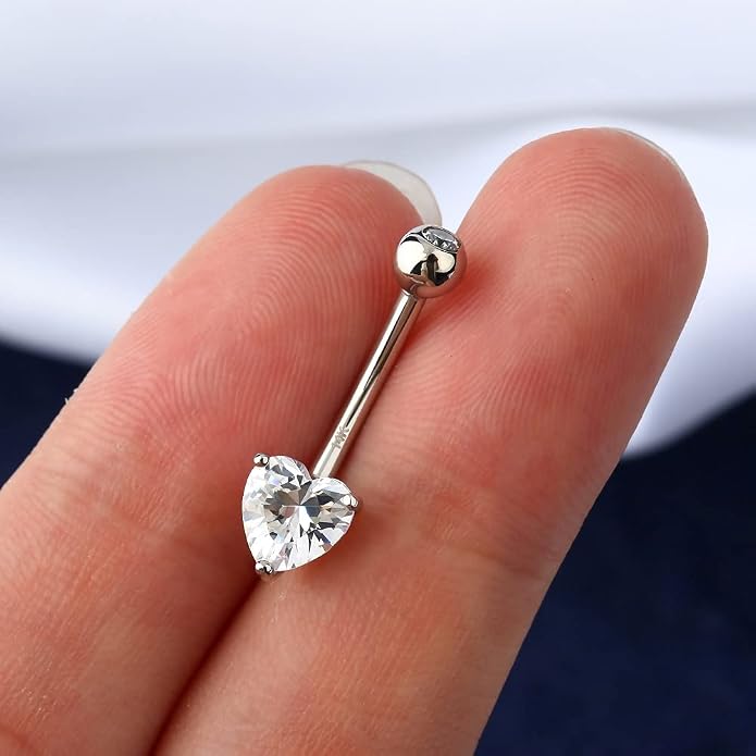 OUFER Belly Navel Rings - 14K Solid White Gold Heart Solitaire Cubic Zirconia Belly Button Rings