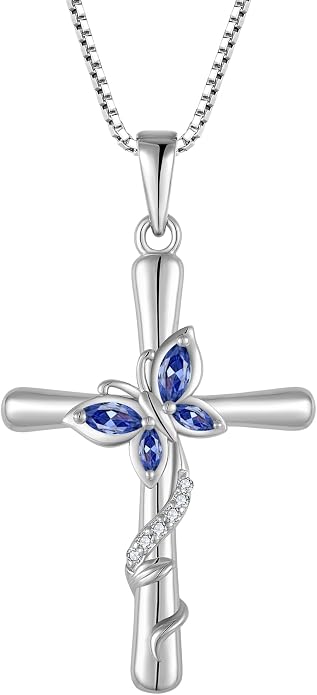 Cross Necklace for Women 925 Sterling Silver Butterfly Necklace Birthstone Pendant Created Gemstone Jewelry Gifts for Women
