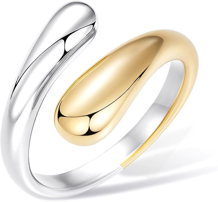 Non Tarnish Gold Chunky Rings for Women, 14K Gold Plated Statement Dome Rings Stacking Silver, Adjustable Mens Eternity Wedding Band Mixed Metal Jewelry Size 3-13
