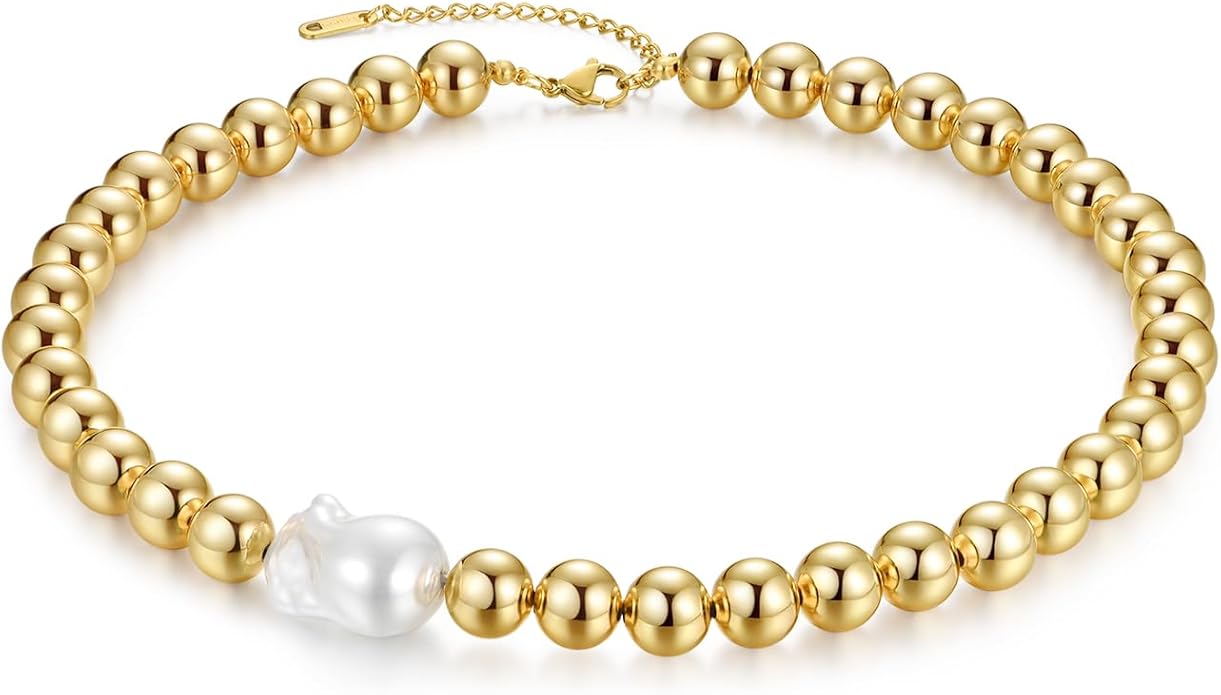 Natural Freshwater Baroque Pearl Necklace 14K Gold Plated Dainty Choker Necklace for Women Girls Snake Chain/Cuban Link/Paperclip/Ball Beaded Chain/Tennis Chain Fashion Jewelry for Gift