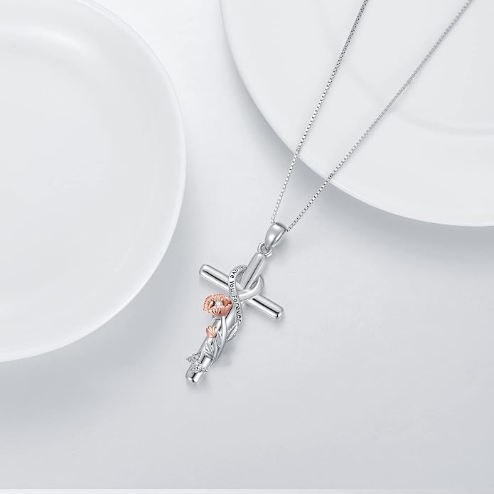Cross Necklace for Women 925 Sterling Silver I Love You Necklace Religious Jewelry with Gift Box for Mother Daughter