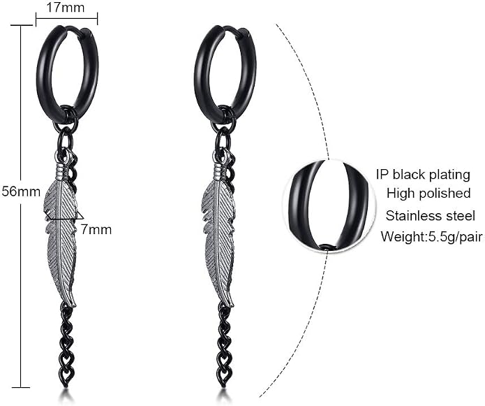VNOX Unisex Vinatge Stainless Clip On Earrings Non Piercing Feather Charm Dangle Hinged Stud Earrings for Men Women Teen