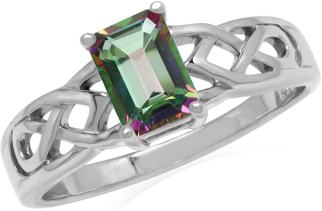 Silvershake 7X5mm Octagon Shape Birthstone Gemstone White Gold Plated or Yellow Gold Plated 925 Sterling Silver Scroll/Filigree Celtic Knot Solitaire Ring Jewelry for Women