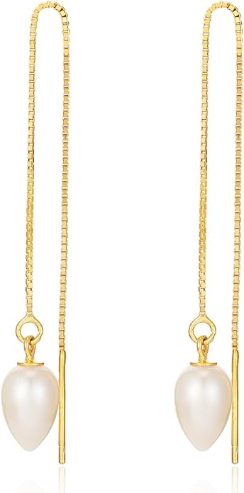 JaruJaru Vermeil Chain Freshwater Pearl Earrings for Women, Gold Threader Earrings, Gold plated on S925 Sterling Silver, Hypoallergenic Thread Through Dangle Earrings