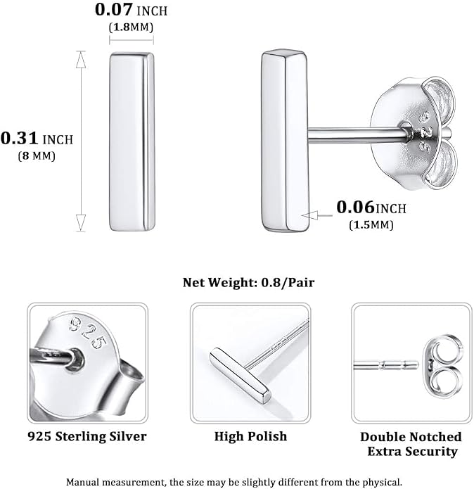 ChicSilver 925 Sterling Silver Earrings Dainty Bar/Circle/Triangle/Star/Ball Stud Earrings for Women with Gift Box, Hypoallergenic Earrings for Sensitive Ears