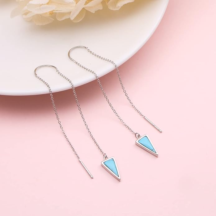 Threader Earrings Triangle Earrings Sterling Silver Created Opal Dangle Drop Long Chain Earring for Women Thread Earrings